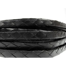 Leather cord, fine flat braided, black, wide model, 12x5mm, 25cm